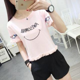 Short-sleeve Letter Fringed T-shirt