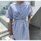 Striped Elbow-sleeve A-line Dress As Shown In Figure - One Size