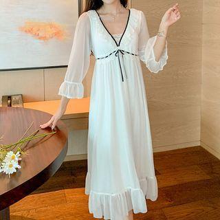 Bell-sleeve V-neck Mesh Midi Sleep Dress