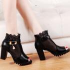 Chunky Heel Lace Panel Peep Toe Ankle Boots