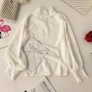 Lace Trim Long-sleeve Top White - One Size