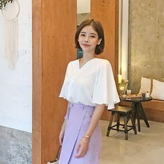 Petal-front Frill-sleeve Chiffon Blouse