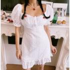 Puff-sleeve Eyelet Lace Frill Trim Mini Sheath Dress