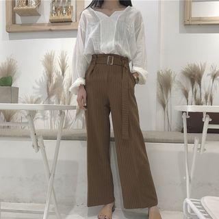 V-neck Blouse / Striped Wide-leg Pants