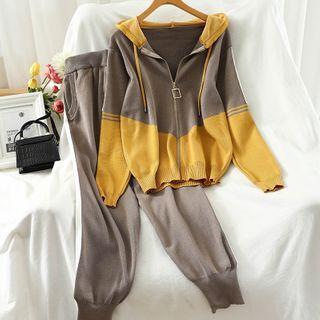 Set: Two-tone Hooded Zip Knit Cardigan + Sweatpants