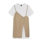 Set: Short-sleeve T-shirt + Pinstriped Asymmetrical Overall Dress