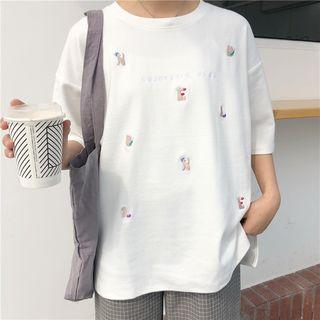 Elbow-sleeve Bear Embroidered T-shirt