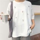 Elbow-sleeve Bear Embroidered T-shirt
