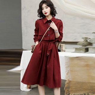 Set: Long-sleeve Midi A-line Dress + Pocket Detail Cropped Jacket