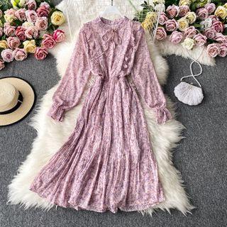 Round-neck Floral Chiffon Long-sleeve Dress