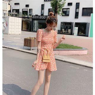 Square-neck Flower Printed Mini Dress