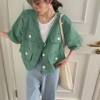 Elbow-sleeve Ribbed Jacket Green - One Size