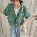Elbow-sleeve Ribbed Jacket Green - One Size
