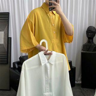 Plain Elbow-sleeve Half-button Shirt