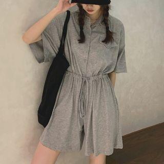 Short-sleeve Drawstring Collared Romper