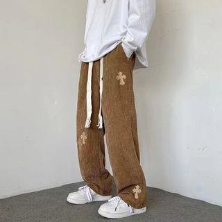 Cross Embroidered Straight Leg Corduroy Pants