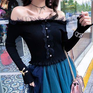 Off-shoulder Long-sleeve Frill-trim Knit Top Black - One Size
