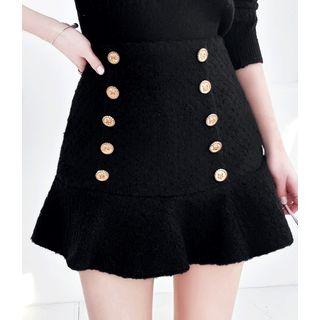 Buttoned Ruffled Boucl  Miniskirt