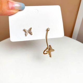 Butterfly Rhinestone Chained Asymmetrical Cuff Earring 1 Pair - S925 Silver - Gold - One Size