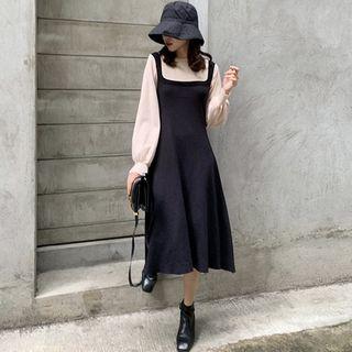 Mock Two-piece Knit Dress Almond, Black - One Size