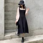 Mock Two-piece Knit Dress Almond, Black - One Size