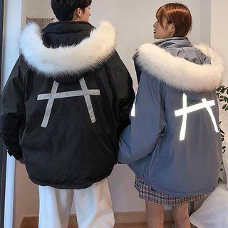 Reflective Back Furry Trim Hooded Padded Jacket