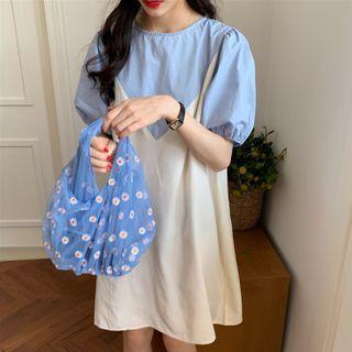 Mock Two-piece Puff-sleeve Dress As Shown In Figure - One Size