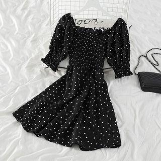 Dotted Short-sleeve A-line Dress Polka Dot - Black - One Size