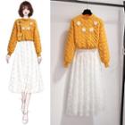 Flower Accent Sweater / Midi A-line Skirt / Set