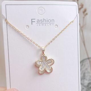 Flower Rhinestone Pendant Alloy Necklace Zircon - Gold - One Size