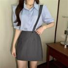 Plain Short-sleeve Blouse / Single-strap Mini A-line Jumper Skirt
