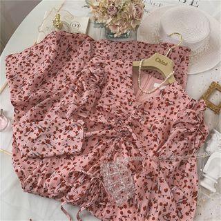 Floral Long-sleeve Drawstring Midi A-line Dress