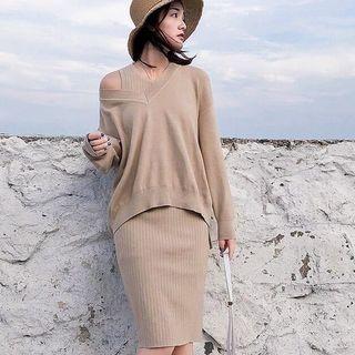 Set: V-neck Sweater + Rib Knit Sheath Tank Dress