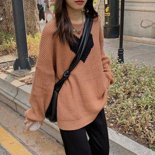 Round-neck Heart Print Knit Sweater Heart Print - One Size