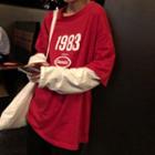 Mock Two-piece Long-sleeve Numbering T-shirt Red - One Size
