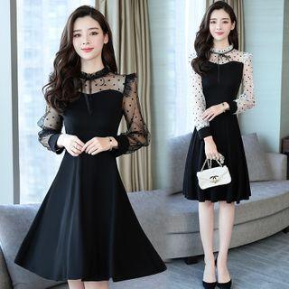 Mesh Sleeve Dotted Midi A-line Dress