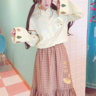 Embroidered Shirt / Plaid A-line Midi Skirt / Set