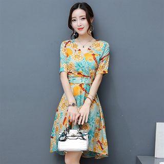 Short-sleeve Wrapped Floral Dress