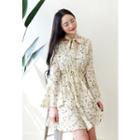 Flutter-sleeve Printed Mini Dress With Scarf