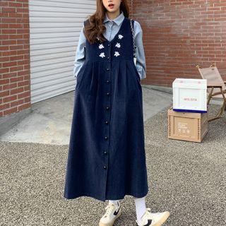 Shirt / Embroidered Midi A-line Pinafore Dress