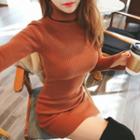 Turtle-neck Slit-cuff Knit Bodycon Dress