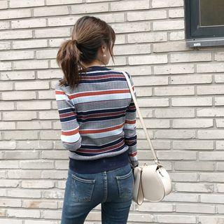 Striped Slim-fit Knit Top Navy Blue - One Size