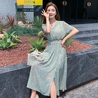 Floral Short Sleeve V-neck Side-slit Chiffon Dress