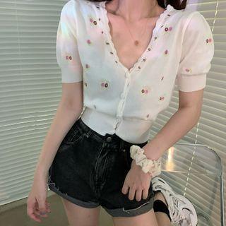Short Sleeve V-neck Lace Trim Floral Embroidered Cardigan