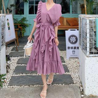 Elbow Sleeve V-neck Ruffled Midi A-line Dress