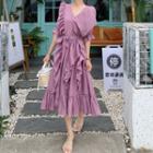 Elbow Sleeve V-neck Ruffled Midi A-line Dress