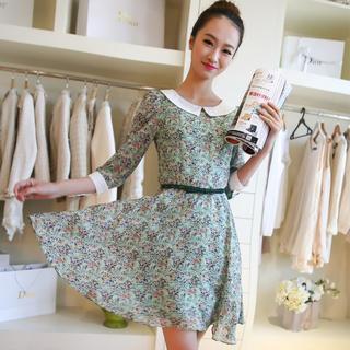 3/4-sleeve Floral Chiffon Dress