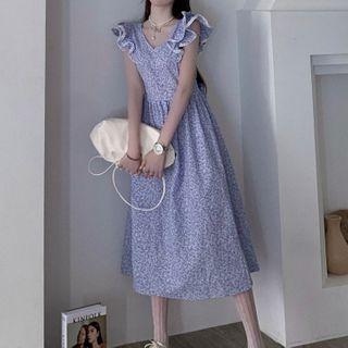 V-neck Floral Print Ruffle Trim A-line Dress