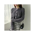 Crop Furry-knit Cardigan Gray - One Size
