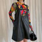 Flower Print Long-sleeve Top / Faux Leather Pinafore Dress